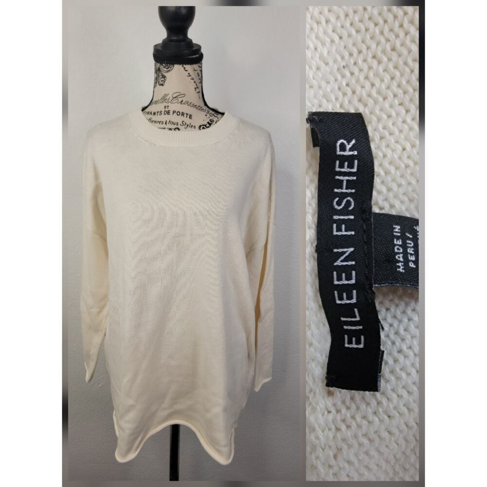 Eileen Fisher Knit Top Sz L Organic Cotton Blend Fishnet 3/4 Sleeves Fisherman
